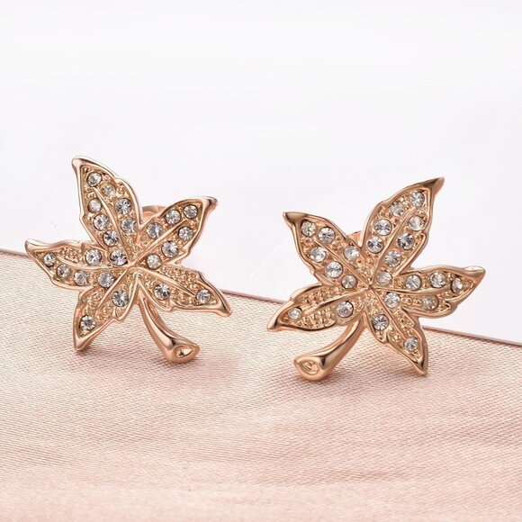 Elegant Gold Maple Leaf Cubic Zirconia Earrings for Women, Hypoallergenic Stainl - Picture 3 of 5